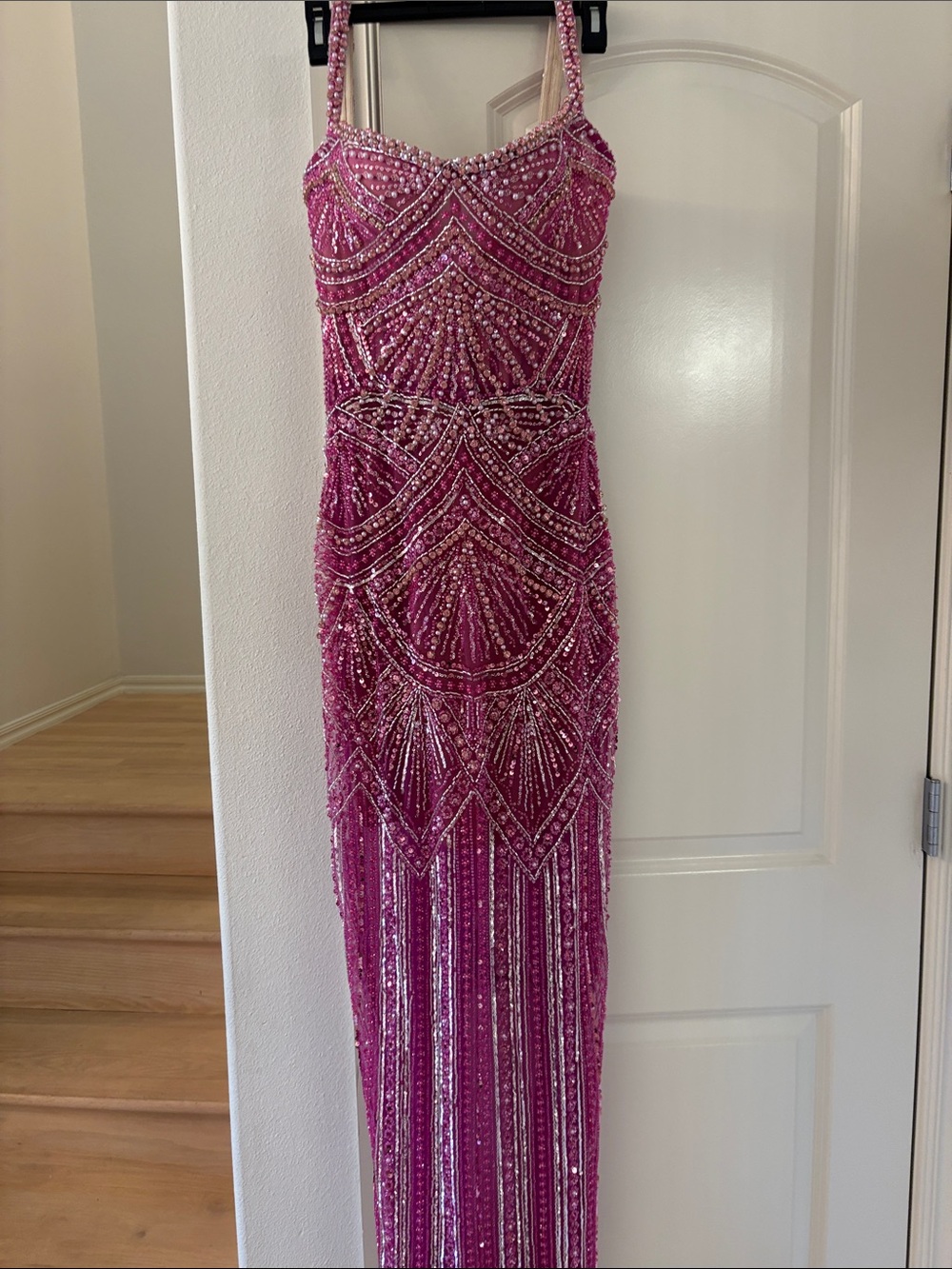 Beaded Fuchsia Maxi Evening Dress with Straps